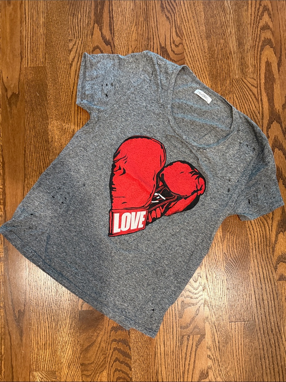 Lauren Vidal Gray Tee with Red Boxing Glove Heart Graphic